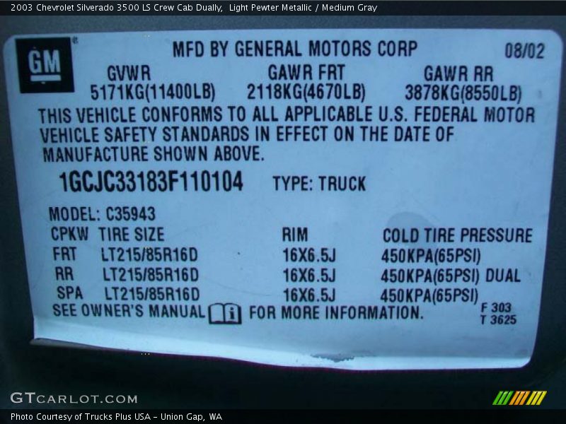 Light Pewter Metallic / Medium Gray 2003 Chevrolet Silverado 3500 LS Crew Cab Dually