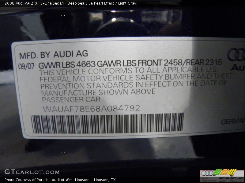 Deep Sea Blue Pearl Effect / Light Gray 2008 Audi A4 2.0T S-Line Sedan