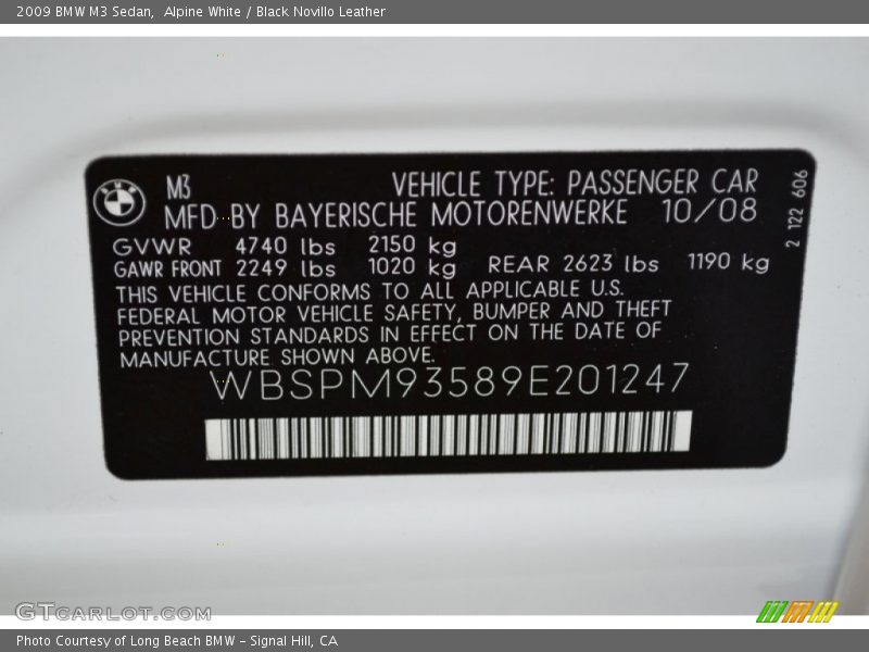 Alpine White / Black Novillo Leather 2009 BMW M3 Sedan