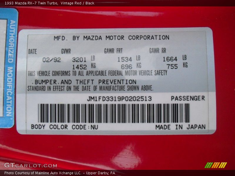 1993 RX-7 Twin Turbo Vintage Red Color Code NU