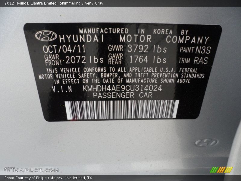 2012 Elantra Limited Shimmering Silver Color Code N3S