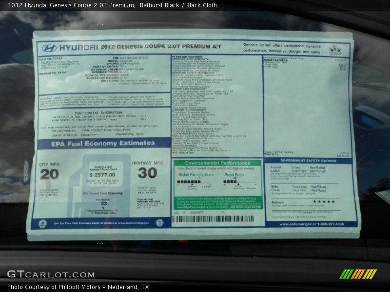  2012 Genesis Coupe 2.0T Premium Window Sticker