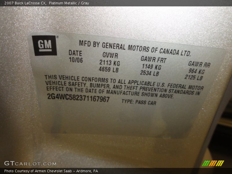 Platinum Metallic / Gray 2007 Buick LaCrosse CX