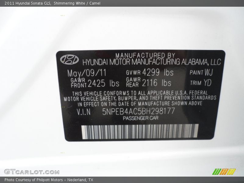 2011 Sonata GLS Shimmering White Color Code WJ