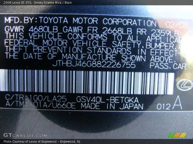 Smoky Granite Mica / Black 2008 Lexus ES 350