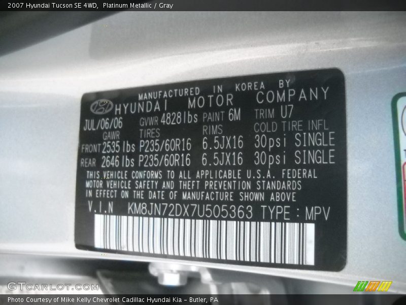 Platinum Metallic / Gray 2007 Hyundai Tucson SE 4WD