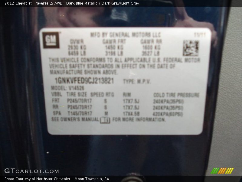 Dark Blue Metallic / Dark Gray/Light Gray 2012 Chevrolet Traverse LS AWD