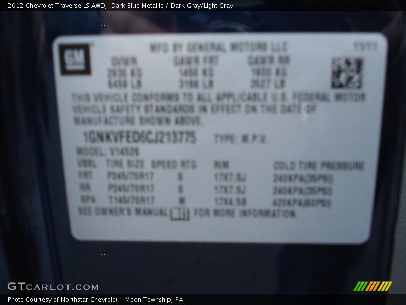 Dark Blue Metallic / Dark Gray/Light Gray 2012 Chevrolet Traverse LS AWD