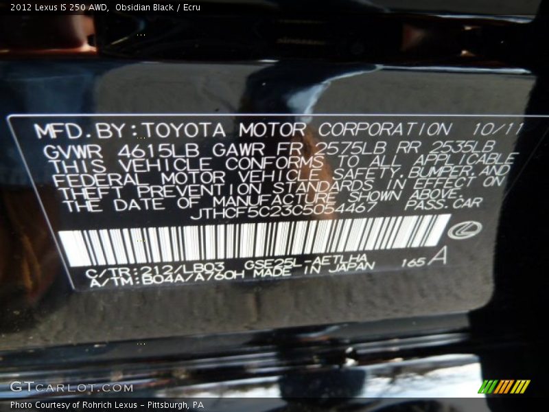 Obsidian Black / Ecru 2012 Lexus IS 250 AWD