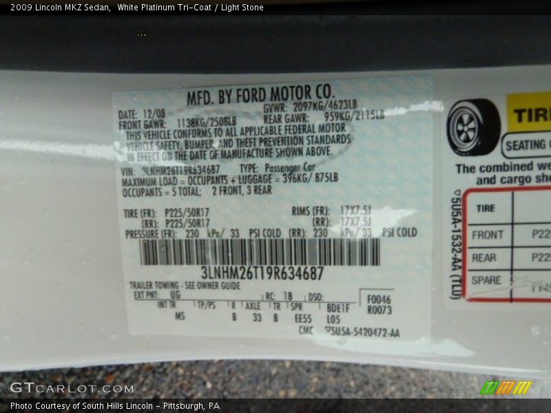 White Platinum Tri-Coat / Light Stone 2009 Lincoln MKZ Sedan