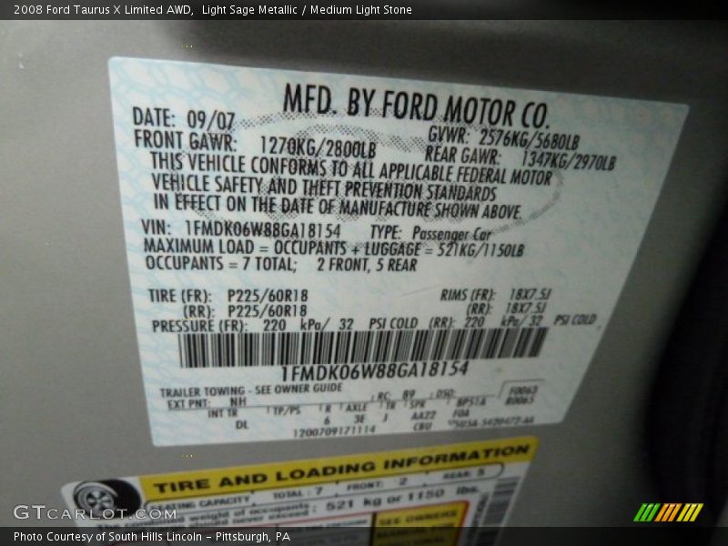Light Sage Metallic / Medium Light Stone 2008 Ford Taurus X Limited AWD