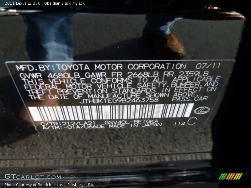Obsidian Black / Black 2011 Lexus ES 350