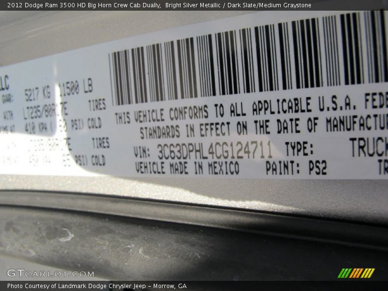 2012 Ram 3500 HD Big Horn Crew Cab Dually Bright Silver Metallic Color Code PS2