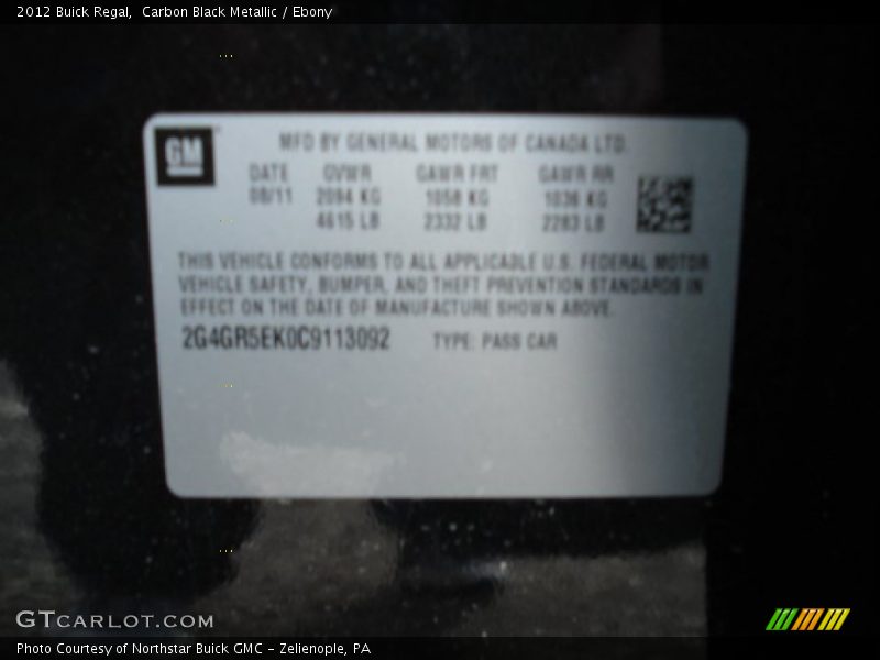 Carbon Black Metallic / Ebony 2012 Buick Regal