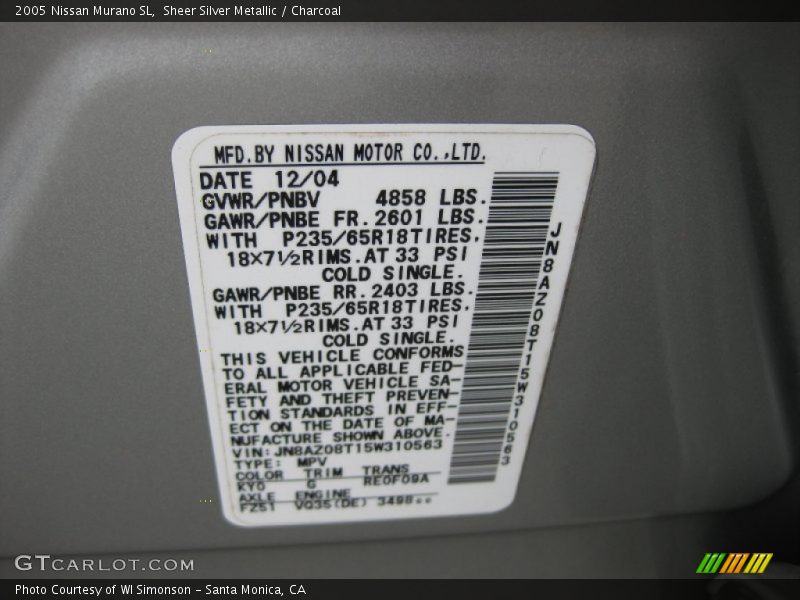 Sheer Silver Metallic / Charcoal 2005 Nissan Murano SL