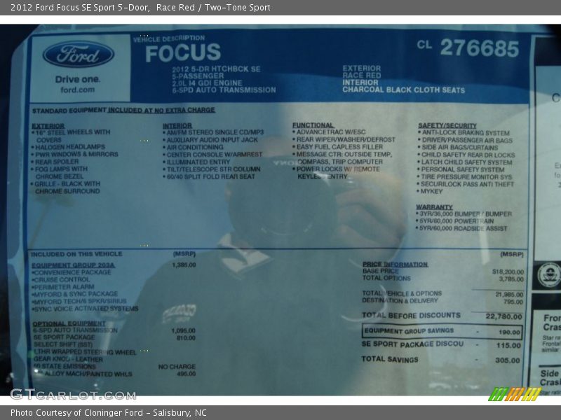  2012 Focus SE Sport 5-Door Window Sticker