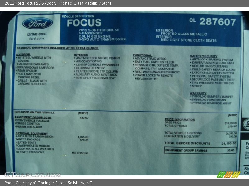 2012 Focus SE 5-Door Window Sticker
