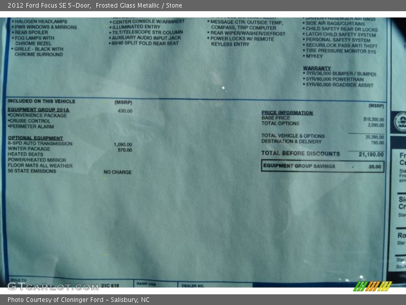  2012 Focus SE 5-Door Window Sticker