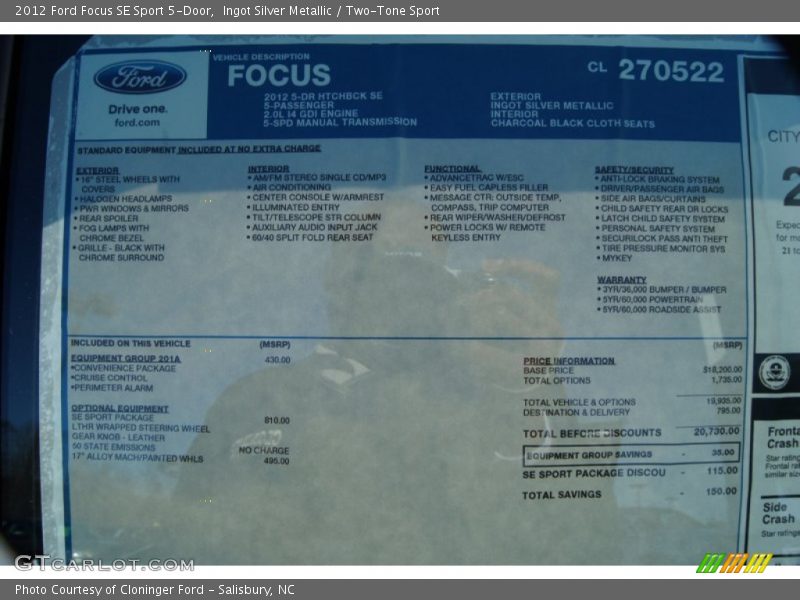  2012 Focus SE Sport 5-Door Window Sticker