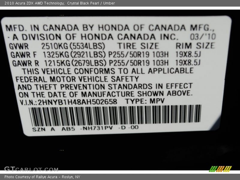 Crystal Black Pearl / Umber 2010 Acura ZDX AWD Technology