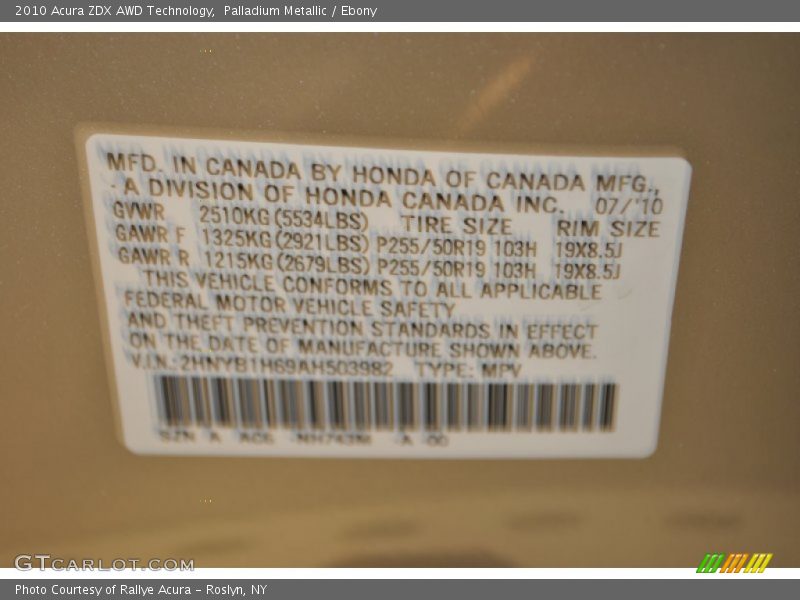 Palladium Metallic / Ebony 2010 Acura ZDX AWD Technology