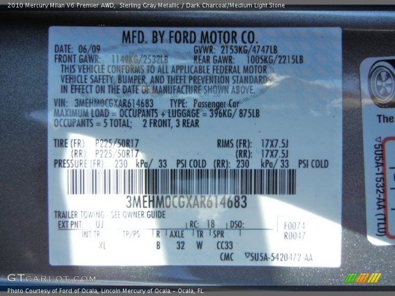 Sterling Gray Metallic / Dark Charcoal/Medium Light Stone 2010 Mercury Milan V6 Premier AWD