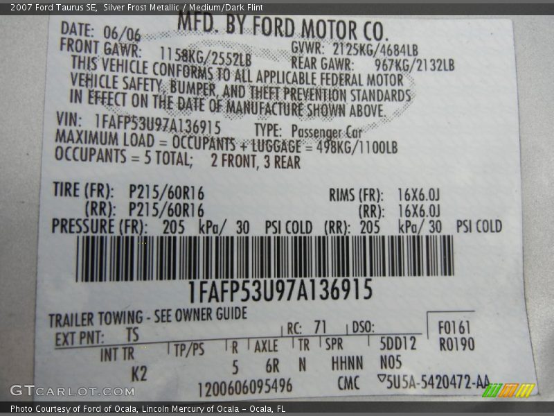 Silver Frost Metallic / Medium/Dark Flint 2007 Ford Taurus SE