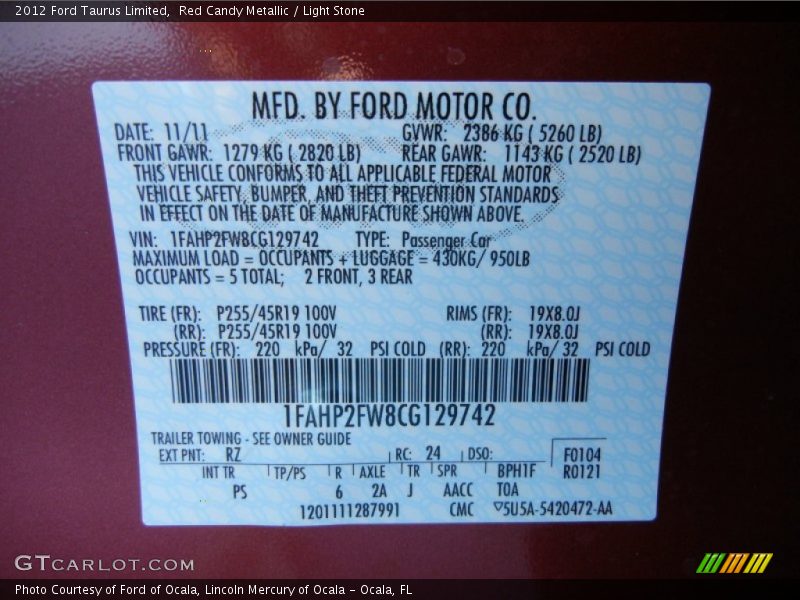 2012 Taurus Limited Red Candy Metallic Color Code RZ