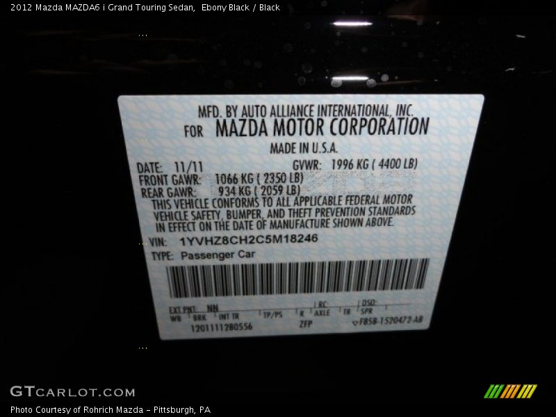 Ebony Black / Black 2012 Mazda MAZDA6 i Grand Touring Sedan