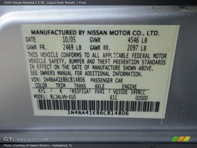 Liquid Silver Metallic / Frost 2006 Nissan Maxima 3.5 SE
