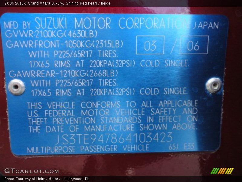 Shining Red Pearl / Beige 2006 Suzuki Grand Vitara Luxury