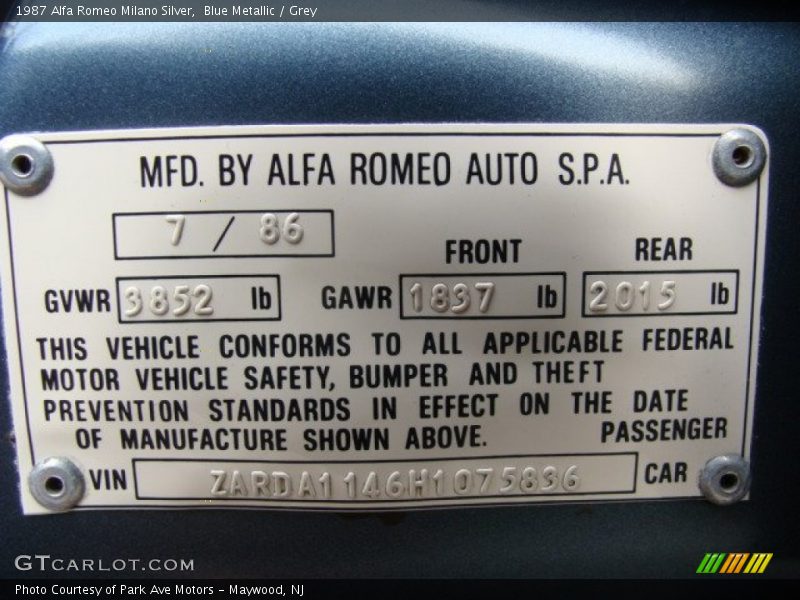Info Tag of 1987 Milano Silver