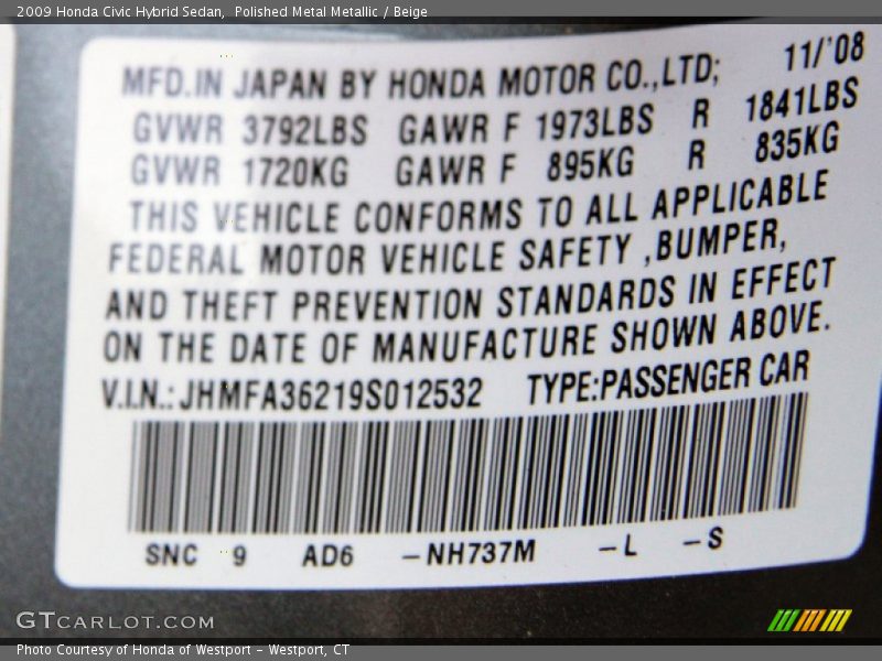 2009 Civic Hybrid Sedan Polished Metal Metallic Color Code NH737
