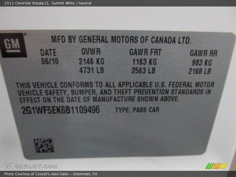 Summit White / Neutral 2011 Chevrolet Impala LS