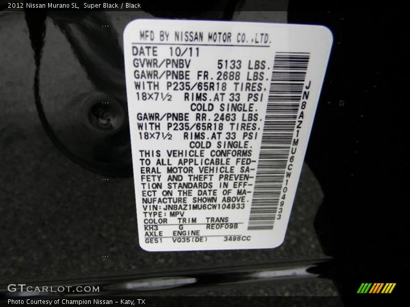 Super Black / Black 2012 Nissan Murano SL