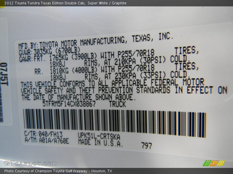 Super White / Graphite 2012 Toyota Tundra Texas Edition Double Cab