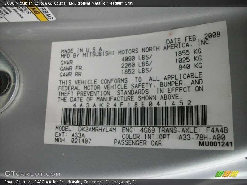 Liquid Silver Metallic / Medium Gray 2008 Mitsubishi Eclipse GS Coupe