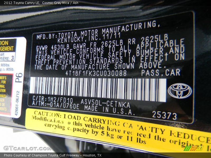 Cosmic Gray Mica / Ash 2012 Toyota Camry LE