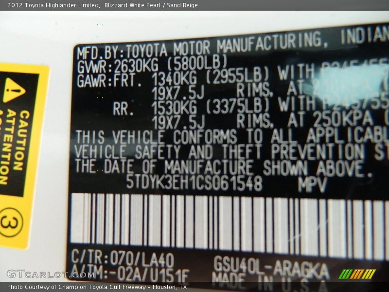 Blizzard White Pearl / Sand Beige 2012 Toyota Highlander Limited