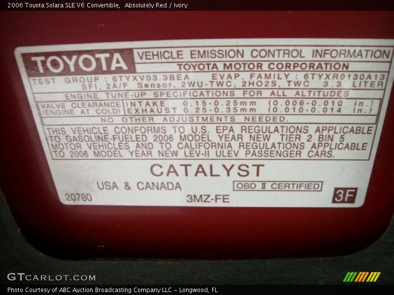 Info Tag of 2006 Solara SLE V6 Convertible