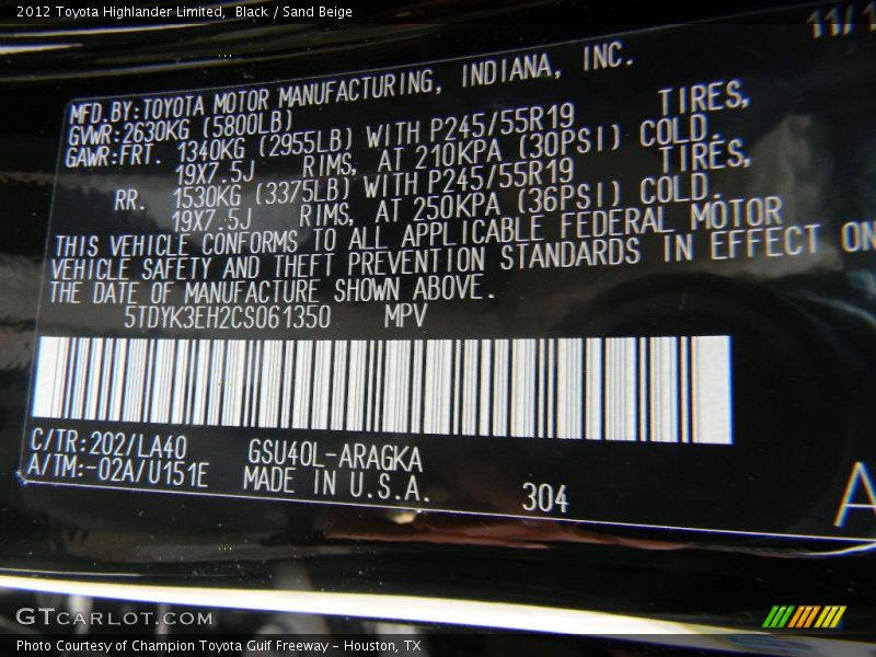 Black / Sand Beige 2012 Toyota Highlander Limited