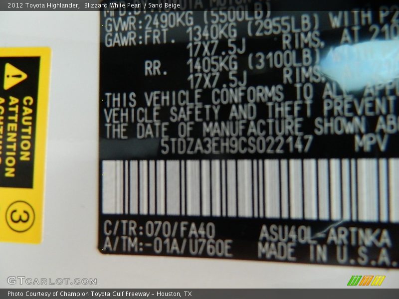 Blizzard White Pearl / Sand Beige 2012 Toyota Highlander