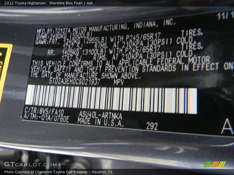Shoreline Blue Pearl / Ash 2012 Toyota Highlander