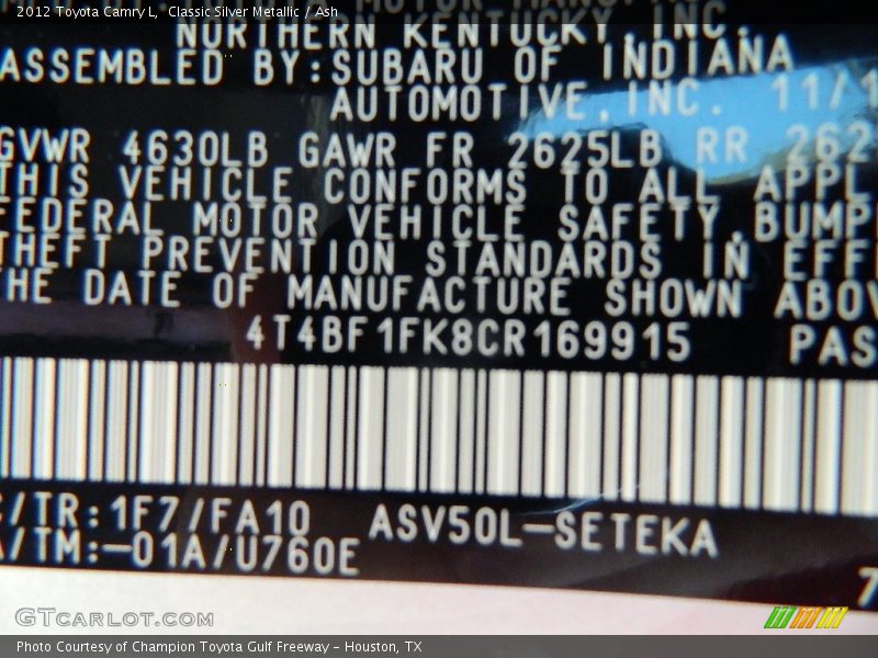 Classic Silver Metallic / Ash 2012 Toyota Camry L