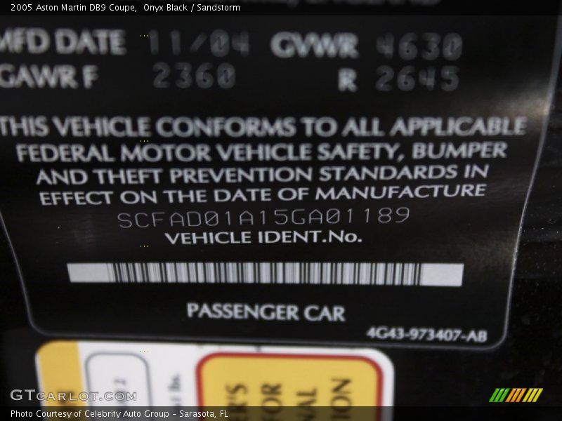 Info Tag of 2005 DB9 Coupe