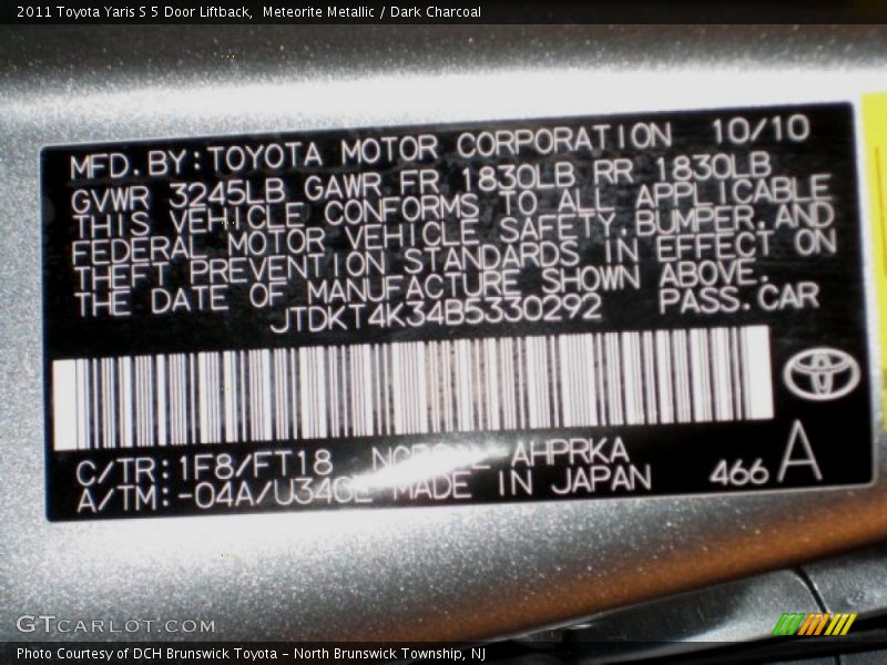 2011 Yaris S 5 Door Liftback Meteorite Metallic Color Code 1F8