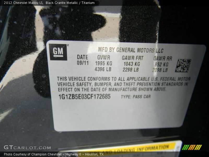 Black Granite Metallic / Titanium 2012 Chevrolet Malibu LS