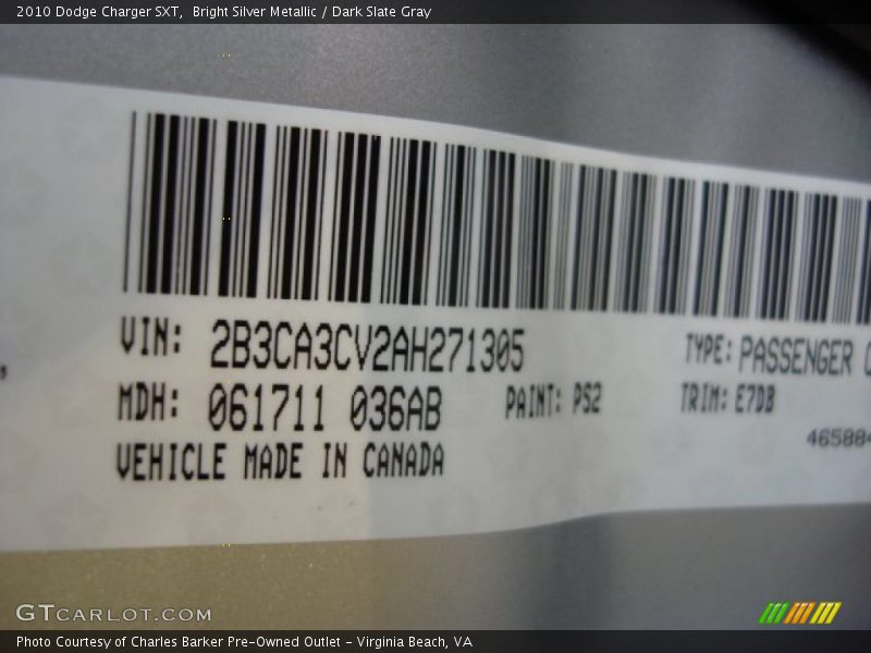 Bright Silver Metallic / Dark Slate Gray 2010 Dodge Charger SXT