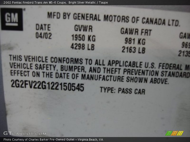 Bright Silver Metallic / Taupe 2002 Pontiac Firebird Trans Am WS-6 Coupe