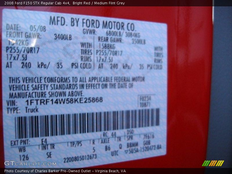 Bright Red / Medium Flint Grey 2008 Ford F150 STX Regular Cab 4x4